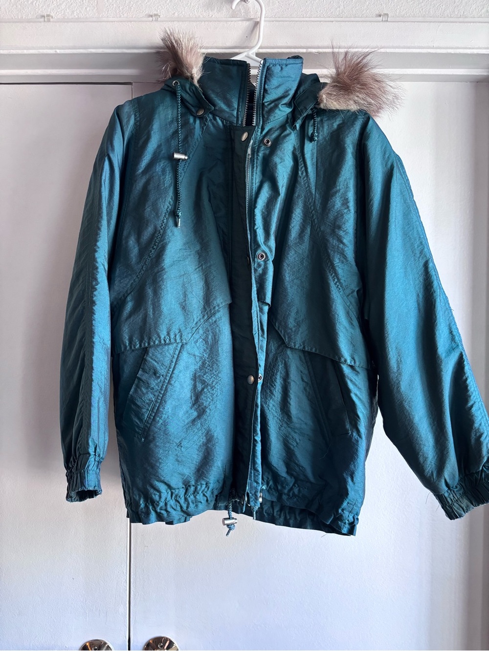 Unisex Teal Hooded Parka Jacket with Faux Fur Trim